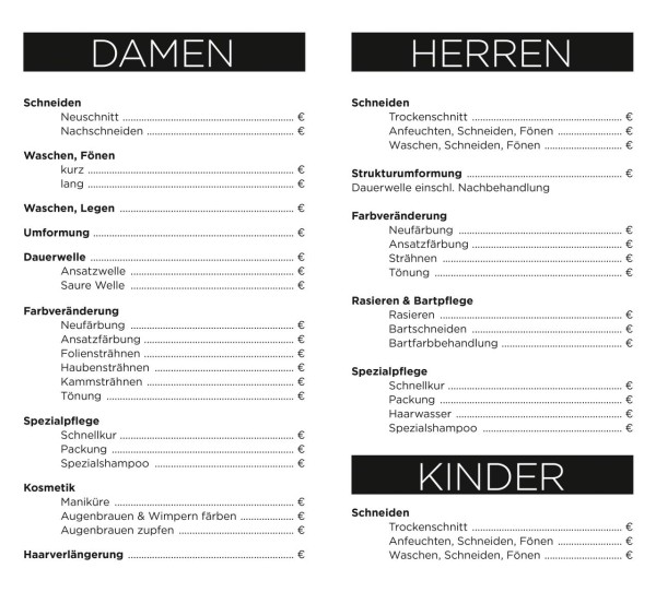 Preistafel Damen, Herren, Kinder mit Stift